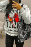 Grey Fashion Casual Skull Head Print Basic O Neck Tops