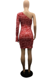 Red Sexy Print Patchwork One Shoulder Pencil Skirt Dresses