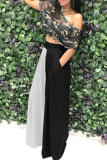 Deep Blue Casual Solid Patchwork Straight Mid Waist Wide Leg Solid Color Bottoms