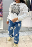 White Fashion Casual Print Basic O Neck Tops
