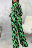 Green Casual Print Bandage Split Joint Turn-back Collar Long Sleeve Two Pieces