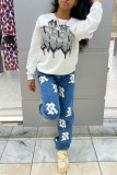 White Fashion Casual Print Basic O Neck Tops