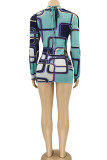 Blue Sexy Print Hollowed Out Patchwork Frenulum O Neck Pencil Skirt Dresses