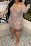 Pink Sexy Patchwork Hot Drilling See-through Off the Shoulder Long Sleeve Dresses