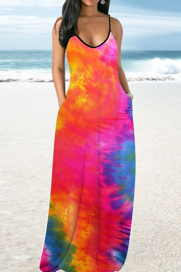 Red Sexy Patchwork Tie-dye Spaghetti Strap Straight Dresses