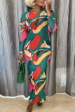 Green Street Print Patchwork O Neck Pencil Skirt Dresses
