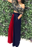 Deep Blue Casual Solid Patchwork Straight Mid Waist Wide Leg Solid Color Bottoms