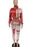 Red Casual Print Patchwork Zipper Zipper Collar Long Sleeve Two Pieces