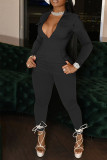 Red Casual Solid Patchwork Zipper Turndown Collar Regular Jumpsuits