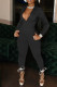 Black Casual Solid Patchwork Zipper Turndown Collar Regular Jumpsuits