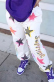 White Street Letter Print The stars Patchwork Straight High Waist Straight Positioning Print Bottoms