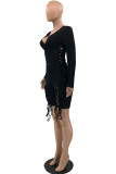 Grey Sexy Casual Solid Bandage Hollowed Out V Neck Long Sleeve Two Pieces