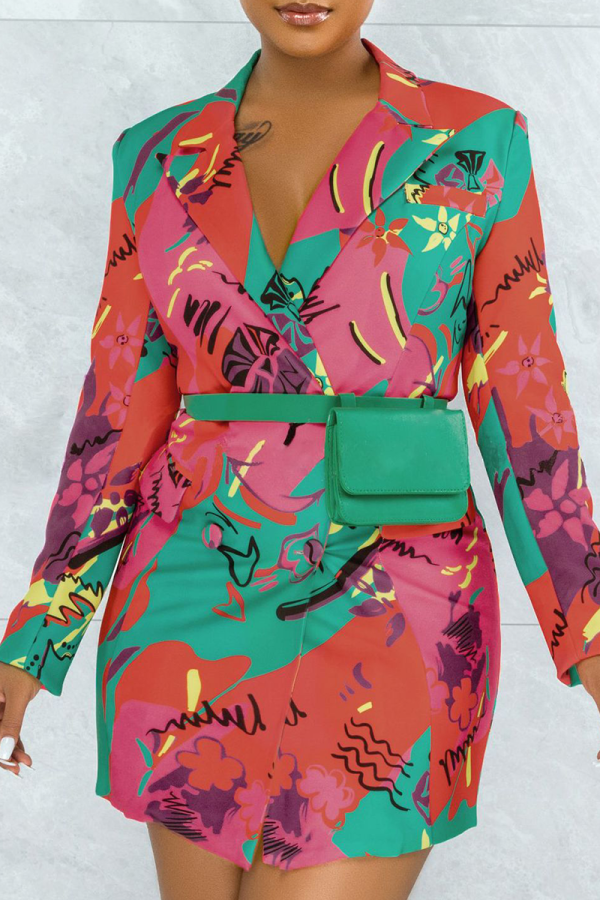 Multicolor Sexy Print Patchwork Turndown Collar Outerwear