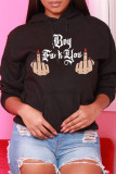 Black Fashion Casual Print Basic Hooded Collar Tops