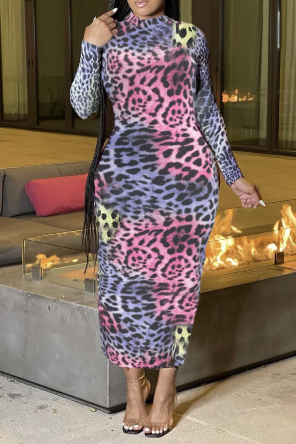 Pink Sexy Print Patchwork Half A Turtleneck Pencil Skirt Dresses