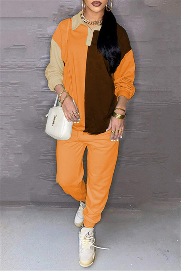 Orange Fashion Casual Patchwork Basic Turndown Collar Long Sleeve Two Pieces