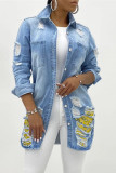 Deep Blue Fashion Casual Patchwork Ripped Cardigan Turndown Collar Plus Size Overcoat