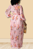 Pink Sweet Print Patchwork V Neck Long Sleeve Dresses