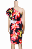 Black Sexy Print Patchwork One Shoulder Pencil Skirt Dresses