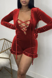 Yellow Sexy Solid Patchwork Frenulum V Neck Straight Rompers