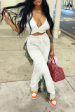 White Casual Solid Tassel Harlan Mid Waist Harlan Solid Color Bottoms