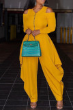 Yellow Fashion Casual Solid Patchwork Zipper V Neck Loose Jumpsuits