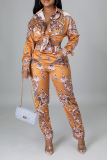Yellow Sexy Print Patchwork Turndown Collar Long Sleeve Two Pieces