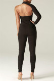 Black Sexy Casual Solid Backless Asymmetrical Oblique Collar Skinny Jumpsuits