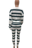 Beige Casual Striped Print Patchwork Buckle V Neck Long Sleeve Two Pieces