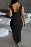 Black Sexy Solid Split Joint Square Collar Pencil Skirt Dresses