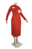 Red Fashion Sexy Solid Hollowed Out V Neck Long Sleeve Plus Size Dresses
