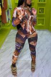 Brown Sexy Print Patchwork Turndown Collar Long Sleeve Two Pieces