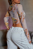Multicolor Fashion Sexy Print See-through O Neck Tops