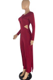 Red Sexy Solid Hollowed Out Patchwork Long Sleeve Two Pieces