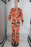 Orange Fashion Casual Print Basic Hooded Collar Long Sleeve Two Pieces