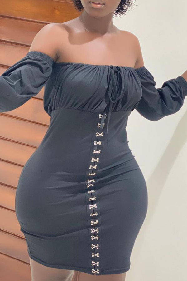 Black Sexy Solid Patchwork Strapless Pencil Skirt Dresses