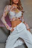 Multicolor Fashion Sexy Print See-through O Neck Tops