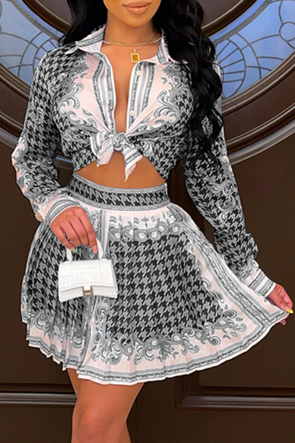 Grey Sexy Print Patchwork Turndown Collar Long Sleeve Two Pieces