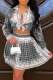 Grey Sexy Print Patchwork Turndown Collar Long Sleeve Two Pieces