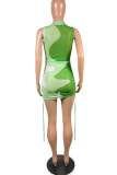 Green Sexy Solid Mesh Half A Turtleneck Pencil Skirt Dresses