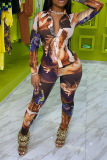 Brown Sexy Print Patchwork Turndown Collar Long Sleeve Two Pieces