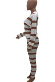 Beige Casual Striped Print Patchwork Buckle V Neck Long Sleeve Two Pieces