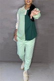 Light Blue Fashion Casual Patchwork Basic Turndown Collar Long Sleeve Two Pieces