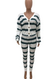 Beige Casual Striped Print Patchwork Buckle V Neck Long Sleeve Two Pieces