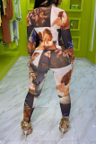 Brown Sexy Print Patchwork Turndown Collar Long Sleeve Two Pieces