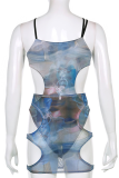 Blue Sexy Print Hollowed Out Halter Sleeveless Two Pieces
