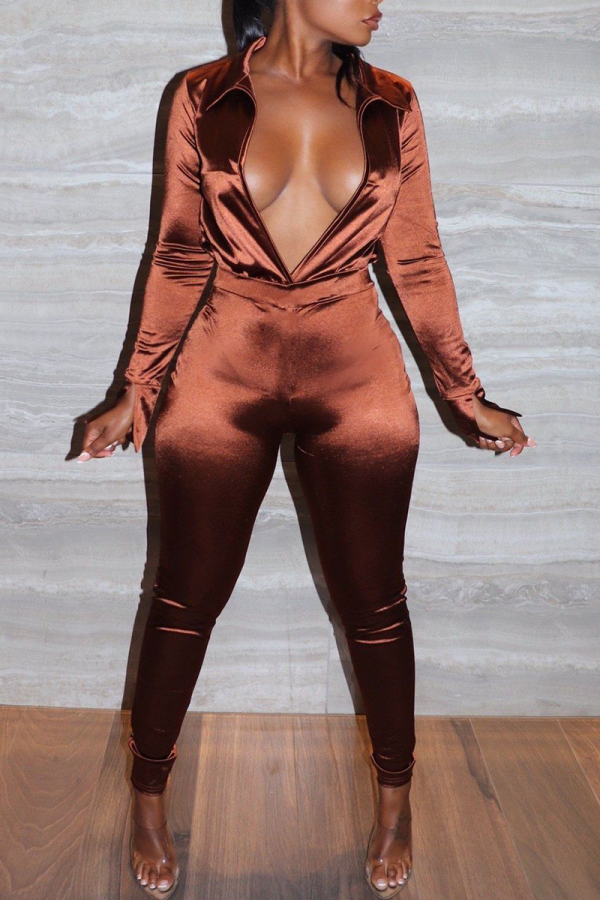 Brown Sexy Patchwork Turndown Collar Long Sleeve Two Pieces
