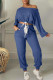 Peacock Blue Sexy Solid Split Joint Draw String Off the Shoulder Long Sleeve Two Pieces