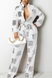 Coffee Fashion Casual Print Split Joint Buttons With Belt Turndown Collar Loose Jumpsuits