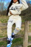 White Casual Print Patchwork Hooded Collar Long Sleeve Two Pieces